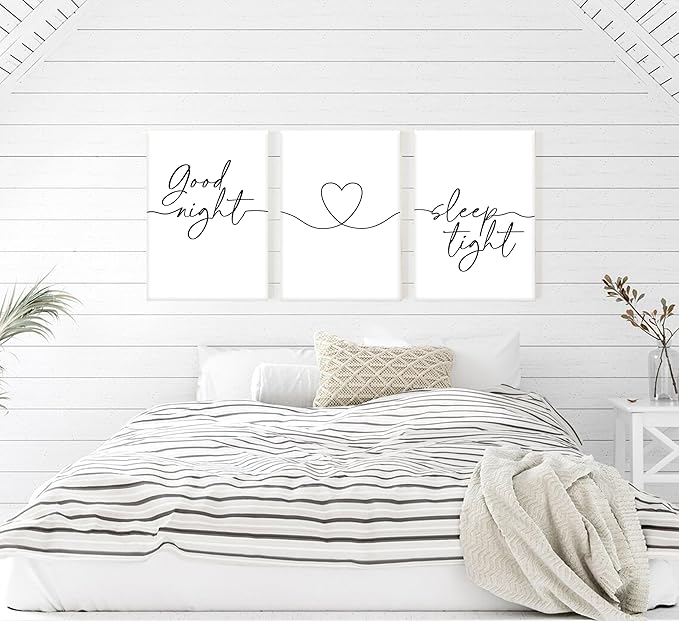 3Pcs Minimalist Style Wall Art Bedtime Quotes Painting Picture Wall Decor Good Night Sleep Well Black Line Art Heart Shape and Phrase Poster Print Artwork for Living Room Bedroom Home Decoratio