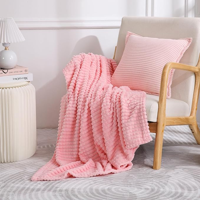 Puncuntex Light Pink Flannel Fleece Throw Blanket 50"×60",Soft Plush Cozy Valentines Blankets,Birthday Gifts for Mom,Women,Mothers Day with Square Grid Design for Couch Sofa Chair