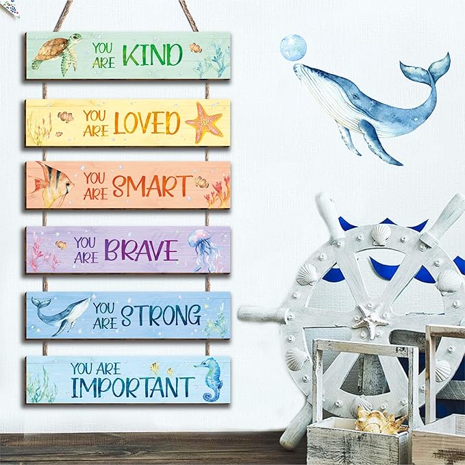 6 Pieces Ocean Decor Kids Room Decor, Watercolor Ocean Inspirational Wall Art Decor for Teens Children Bedroom Princess Toddler Room, Works of art Made of Wood, Works of Art of Wood, Placards of Woods