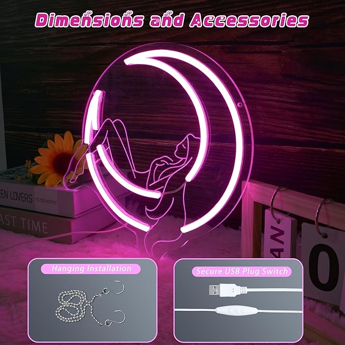 Moon Lady Neon Sign for Wall Decor Pink Dimable Led Girl Crescent Moon Neon Lights Wall Art Whimsical Night Sky for Bedroom Wall Decor Ideal for Lady Dreamers and Boho Interiors(11.2 * 11.3inch)