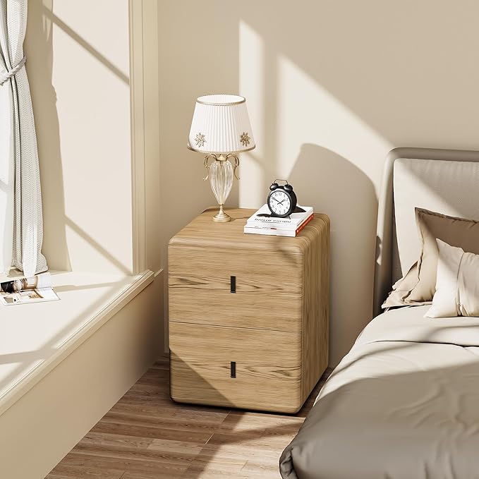 VICITON Narrow Nightstand with Drawers, Faux Leather Bedside Table, Solid Wood Drawer, Small Side Table for Bedroom (Leather Yellow Oak, 15.7" x 15.7" x 19.7")