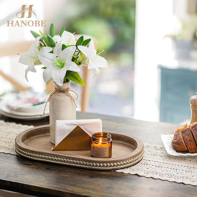 Hanobe Decorative Serving Tray Wood: Brown Bead Oval for Coffee Table Rustic Wooden Trays Decor Farmhouse Kitchen Counter Vintage Centerpiece Living Room Home Organizer, 15.15''x9.25''x1.18''