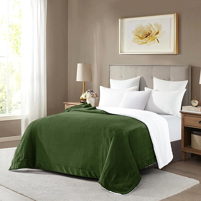 Mocassi Premium Ultra-Soft Flannel Fleece Sherpa Throw Blanket - Warm Cozy Reversible Plush Micromink Blanket for Couch, Bed and Sofa - Fluffy, Christmas Winter Bedding Gift, Queen, Sage
