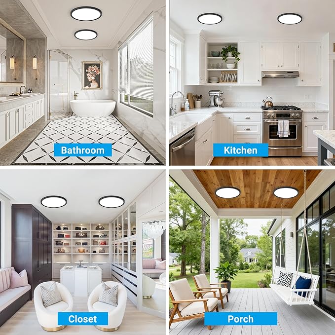 2 Pack LED Flush Mount Ceiling Light,9Inch 18W,3000K/3500K/4000K/5000K/6500K 5 Color Temperatures Ceiling Light Fixture for Kitchen Porch Hallway Bedroom Bathroom and Closet,Black