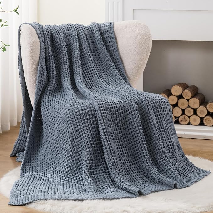 Bunnikins & Clover Blue Grey Throw Blanket for Couch, Thick Warm Soft Cozy Knitted Chenille Throw Blanket for Sofa, Bed, Living Room, 60"x80"