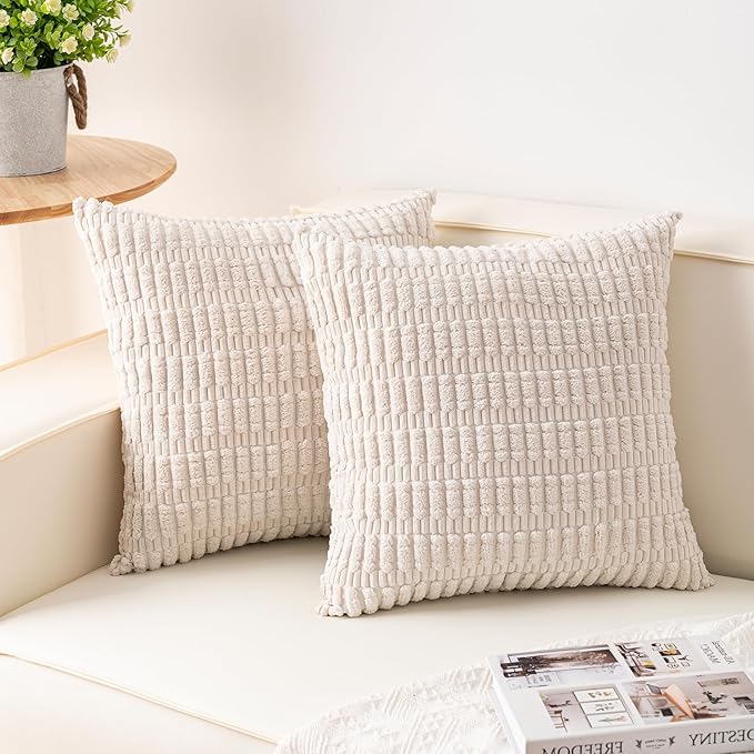 Aegero Pack of 2 Corduroy Decorative Throw Pillow Covers 20x20 InchSoft Boho Striped Pillow Covers Modern Farmhouse Home Decor for Sofa Living Room Couch Bed（Cream White）