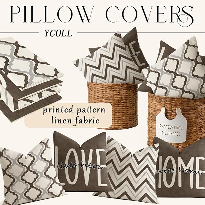 YCOLL Farmhouse Pillow Covers 18x18 Set of 4 Throw Pillow Covers Rustic Linen Decorative Pillows Square Cushion Covers for Couch Sofa Bedroom Home Decor
