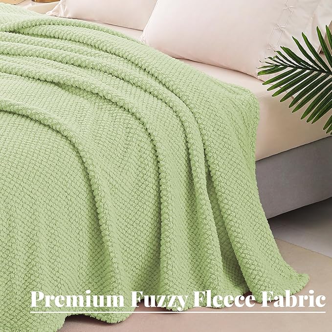 Whale Flotilla Queen Size Fuzzy Fleece Blanket for Bed, 90x90 Inch Fluffy Warm Soft Jacquard Blankets for All Season, Lightweight and Cozy, Sage Green