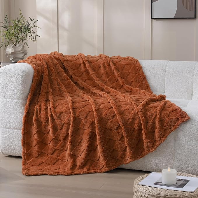 Burnt Orange Throw Blanket for Couch Sofa Bed 50x60 inches,Fleece Blankets Microfiber Flannel with Diamond Checkered Pattern Lightweight Plush Soft Cozy Gifts for Women Mom Girls