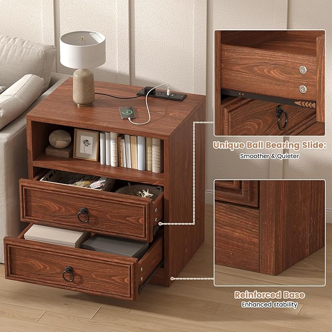 Farmhouse Nightstand with Charging Station, 21.7" Wide End Table with 2 Drawers & Open Compartment, Cherry Wood Side Table, Bedside Table for Bedroom, Living Room, Sofa