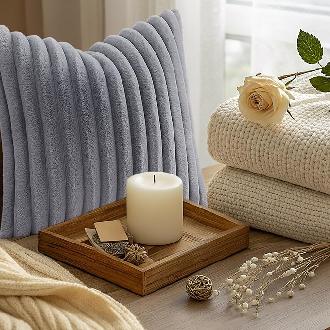 decorUhome Cozy Faux Fur Throw Pillow Covers 16x16 Set of 2 Decorative Soft Plush Striped Modern Farmhouse Boho Couch Pillow Cases with Velvet Back for Sofa Bed Living Room, Grey