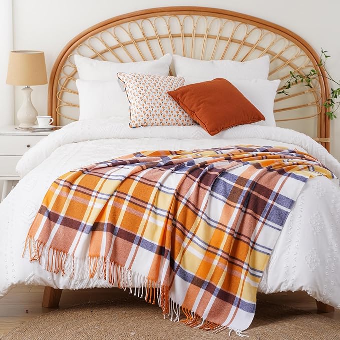 BATTILO HOME Fall Plaid Throw Blanket for Couch Bed, Decorative Orange Fall Blankets, Buffalo Checkered Plaid Blankets and Throws Farmhouse Style for Home Fall Decor 50"x60"