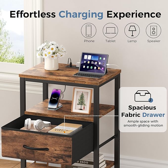 DUMOS Nightstand Set of 2 with Wireless Charging Station Bed Side Tables with Adjustable Fabric Drawers 3-Tier Storage End Tables Modern Design,Brown
