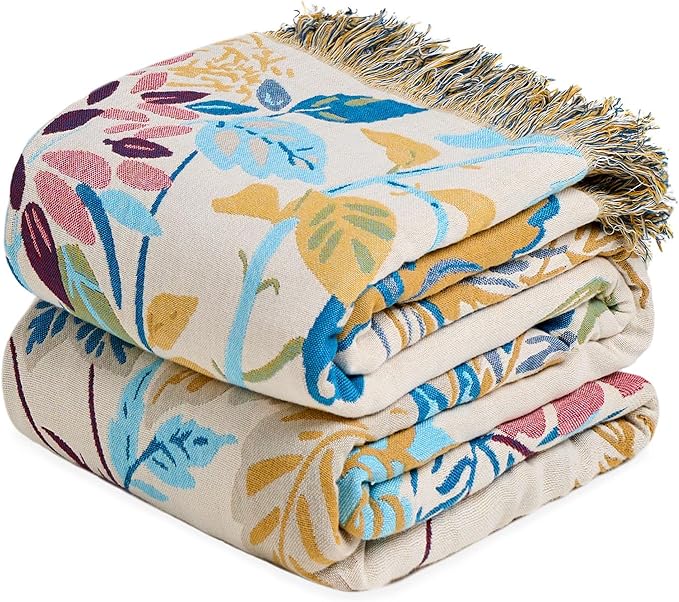 Boho Throw Blanket - 100% Cotton Throw Blankets for Bed Couch, 60"x80" Soft Muslin Lightweight Spring Throw Blanket, Cozy Floral Plant Printed Bohemain Bedding Decor Green Throw Quilt