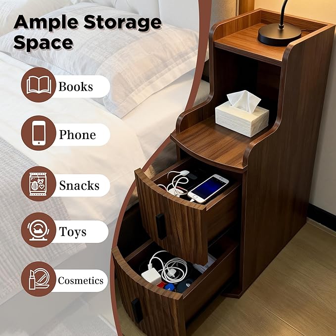 Skinny End Table with 2 Storage Drawers for Living Room Office Slim Side Table Mini Small Nightstand Narrow Beside Table for Sofa Bedroom (1, Walnut)