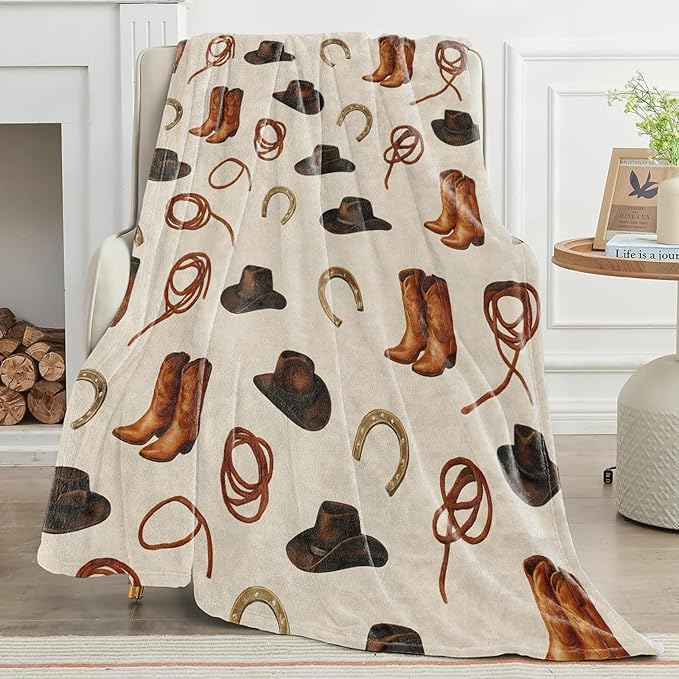 Western Cowboy Blanket with Hat,Boot and Rope Throw Blankets Lightweight Flannel Throws for Camping Couch Chair Office Bed Rustic Country Style Home Decor Gifts for Adults,50x40inch