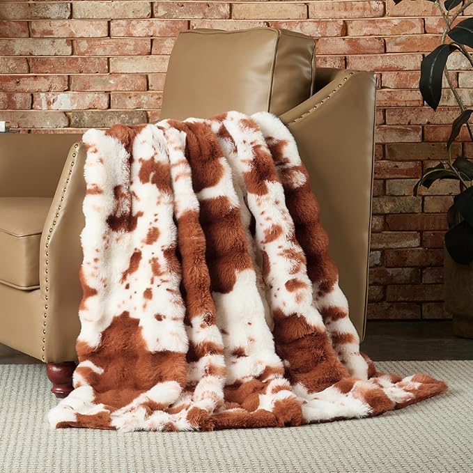Lotus Karen Faux Fur Throw Blanket Cow Print-Light Brown, Fluffy Fuzzy Plush Bubble Blanket for Couch, 60x50 Inches Cozy Shaggy Rabbit Blanket, Luxury Decorative Gifts for Sofa Bedroom Living Room.