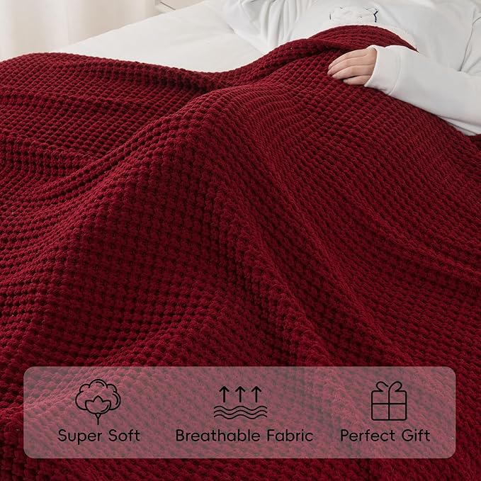 Bunnikins & Clover Christmas Throw Blanket for Couch, Knitted Waffle Throw Blanket, Red Blanket Throw for Women Mothers Birthday Gifts, 60"x80"
