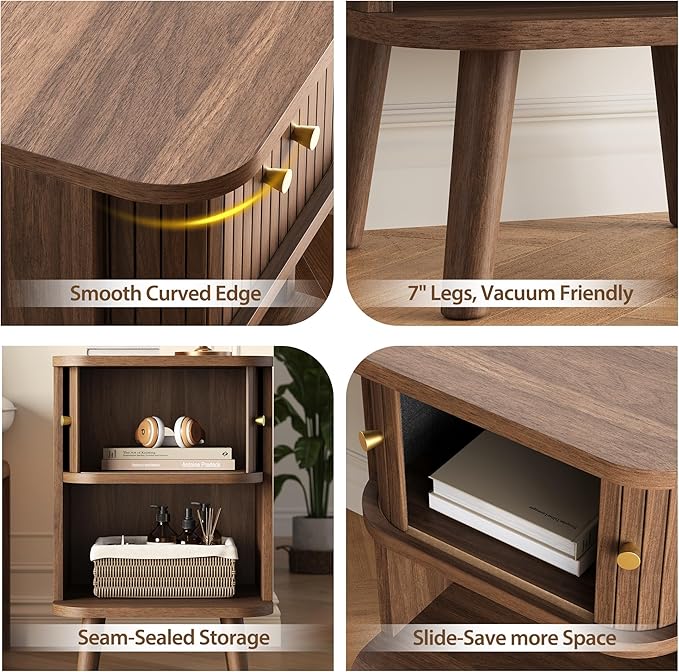 Fluted Nightstand, Mid Century Modern Bedside Table with Charging Station, Walnut End Tables with Sliding Tambour Doors, Storage Cabinet and Open Shelf for Bedroom, Walnut