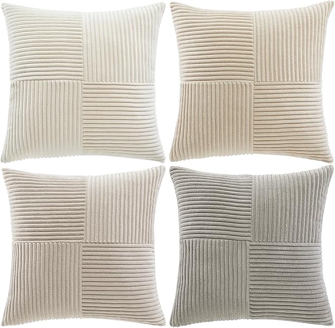 Fancy Homi 4 Packs Neutral Decorative Throw Pillow Covers 18x18 Inch for Living Room Couch Bed Sofa, Rustic Farmhouse Boho Home Decor, Soft Cross Striped Corduroy Patchwork Square Cushion Case 45x45cm