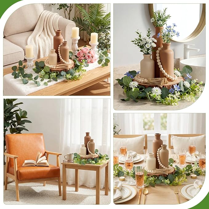 Geelin 6 Pcs Boho Rustic Table Centerpieces, 3 Modern Ceramic Vases, Wooden Slice Tray, Farmhouse Wood Beads Garland with Tassel, Artificial Vines for Dining Home Table Decor(Neutral)