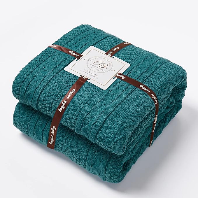 Longhui bedding Lake Blue Acrylic Cable Knit Sherpa Throw Blanket - Thick, Soft, Big, Cozy Lake Blue Knitted Fleece Blankets for Couch, Sofa, Bed - 50 x 63 Inches