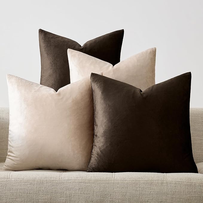GIGIZAZA Pillow Covers 18x18 Set of 4,Brown Champagne Velvet Soft Pillow Covers Decorative Square Modern Pillows Cushion Cases for Living Room