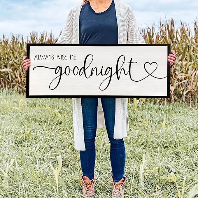 flowtorely Master Bedroom Above Bed Wall Decor 40''×15'' Always Kiss Me Goodnight Sign Rustic Farmhouse Couples Over Bed Romantic Modern Large Wood Frame Wall Hanging Prints Art (Black)