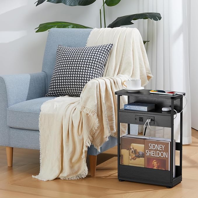 Narrow Side Table with Charging Station, 3-Tier End Table with 2 USB Ports & Power Outlets,Thin Sofa Side Table for Narrow and Small Spaces, Bedside Table Nightstand for Living Room,Black