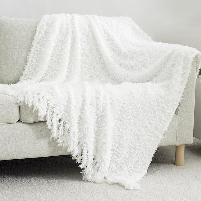Winter Knit Throw Blanket Fluffy Fuzzy Soft Lightweight Cozy Farmhouse Tassels Chunky Knitted Throws for Couch Sofa Bed (White, 60"x80")