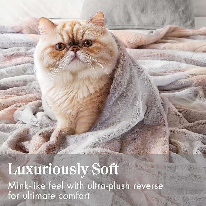 Madison Park Queen Size Blanket Ultra-Soft Poly Fur Queen Size, Reversible Plush, All Season & Lightweight Queen Fuzzy Blanket for Bed, Couch & Sofa, Zuri, Full/Queen Blush/Grey