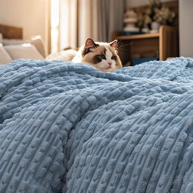 PHF Ultra Soft Flannel Fleece Blanket Queen Size, Lightweight 3D Jacquard Fleece Blanket, No Shedding, No Pilling, Luxury 340GSM Aesthetic Fluffy Cozy for Bed Room Decor, 90"x90", Dusty Blue