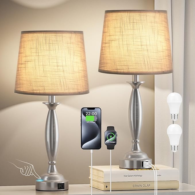 Lamps for Bedrooms Set of 2 - Touch Bedside Lamp with USB C+A, 3 Way Dimmable Nightstand Lamps with USB Port, Brushed Nickel Table Lamp for Living Room Guest Room Bed Side End Table(Mottled Gray)