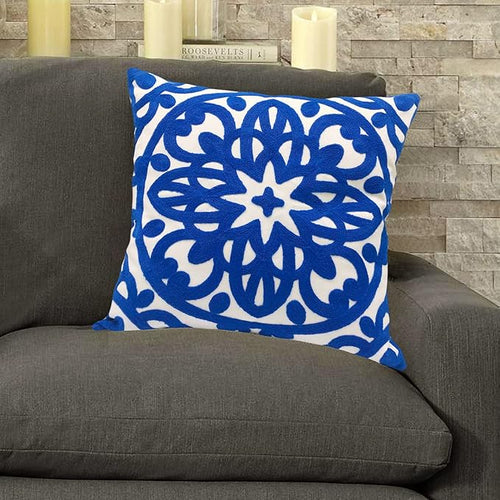 Alysheer Embroidered Decorative Throw Pillow Cover 18x18 inch, Classic Boho Mandala Chic Knit Pattern, 100% Cotton Canvas Cozy Cushion Case for Sofa Couch Living Room Bedroom(Royal Blue)