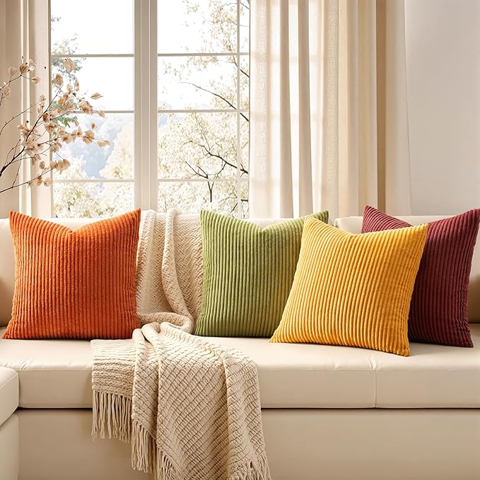 EMEMA Burnt Orange Decorative Throw Pillow Covers 24x24 Inch Set of 4 Boho Farmhouse Corduroy Striped Square Pillow Case,Western Modern Cushion Covers for Couch Bed Livingroom Home Decor