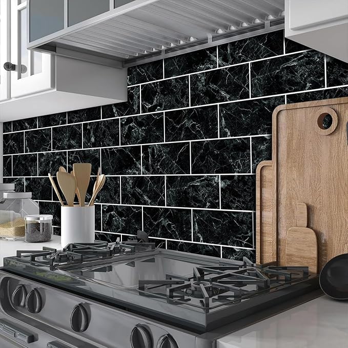 HLNIUC 16-Sheet Black Marble Wall Tiles, 8'x4', Peel And Stick, Waterproof, PVC Self Adhesive, Kitchen & Bathroom Backsplash
