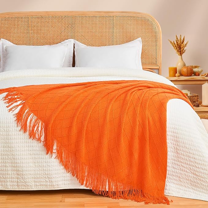 inhand Fall Throw Blanket Burnt Orange Halloween Decor for Couch, Soft Living Room Home Decor Knitted Blanket, Outdoor Lightweight Autumn Blanket, Farmhouse Warm Fall Decoration Indoor, 50"x60"