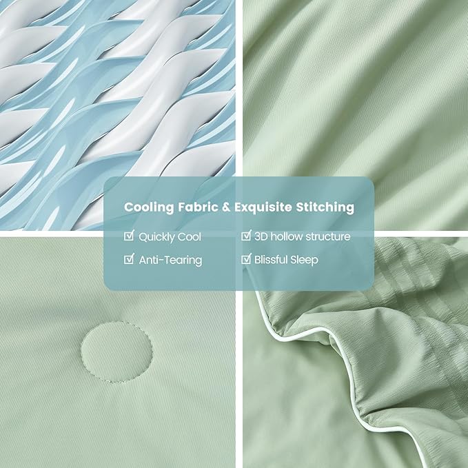 Cozy Bliss Seersucker Cooling Comforter Queen Size, Q-Max 0.45 Reversible Lightweight Cooling Blanket, Breathable Silk Smooth Summer Bedding Quilt for Hot Sleepers Night Sweats Sage Green