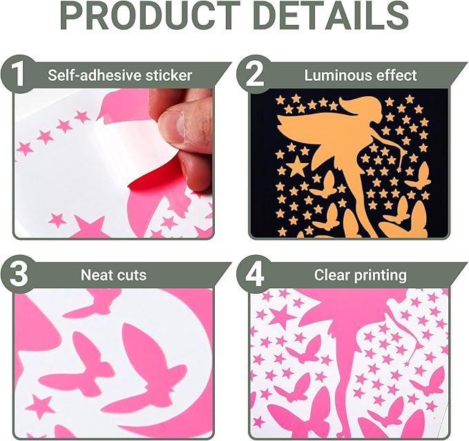 Glow in The Dark Fairy Wall Decals, Luminous Fairies Stars Wall Stickers for Ceiling, Peel and Stick Butterfly Decoration for Kids Room, Pink