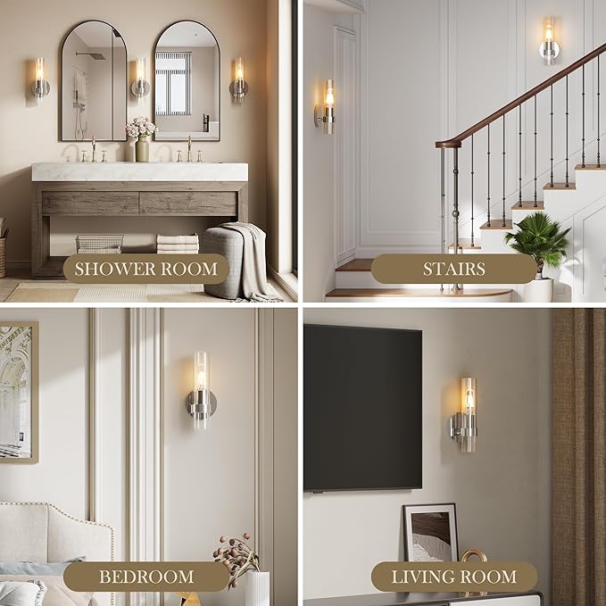 Wall Sconce Set of Two, Hardwired Bathroom Wall Sconces Lighting with Clear Glass, Modern Wall Sconces Set of 2 Wall Light fixtures for Bathroom Mirror Living Room Hallway Bedroom(Silver)