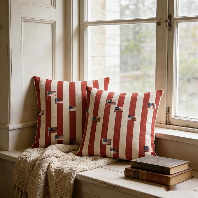 Patriotic Throw Pillow Covers, Red White Blue, Linen, 18x18 Inch, Set of 2, Farmhouse Style, July 4th Independence Day