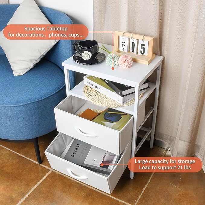 White Nightstand with 2 Fabric Drawers, Modern Bedside Table with Storage & Open Wood Shelf, Stylish End Table for Bedroom