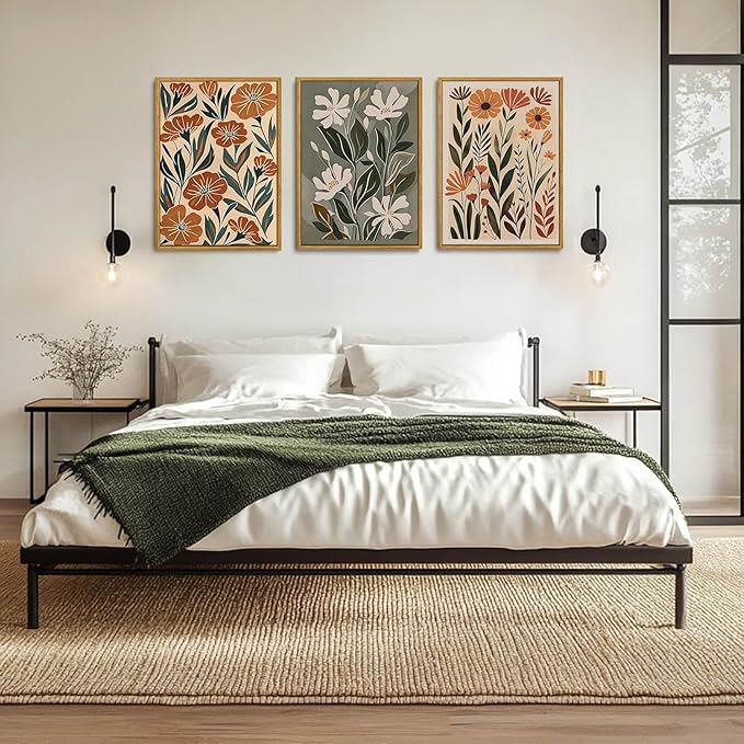Wodkwq 3 Piece Flower Market Canvas Wall Art Framed,Boho Floral Wall Art,Abstract Botanical Wall Decor,Green Wildflower Modern Minimalist Paintings For Living Room Bedroom Bathroom 12x16in