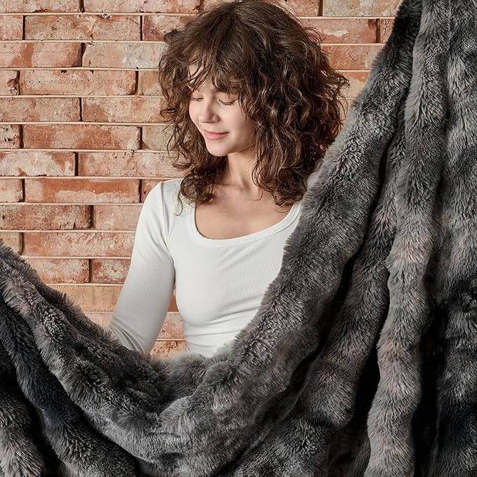 Lotus Karen Faux Fur Throw Blanket Tie-Dye Dark Gray - Big Bubble Rabbit Fluff Blanket for Couch, Small Fluffy Fuzzy Cozy Blanket, Thick Furry Plush Shaggy Blankets, 50x60 Inches
