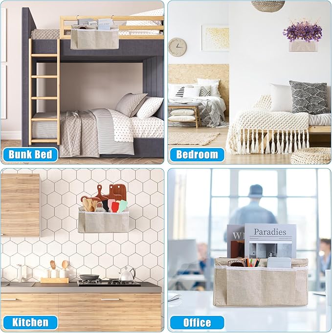 Bedside Caddy Bedside Storage Organizer, 2 Pack Wall Hanging Storage Bag for Bunk bed Hospital Beds Dorm Bed Rails, Holders Books Glasses Phones Magazine(Beige)
