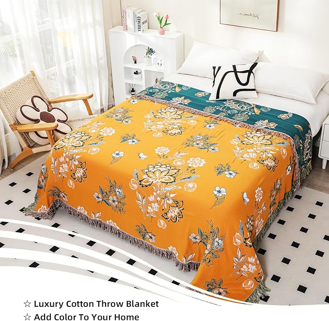 Boho Throw Blanket, 100% Organic Cotton Breathable Skin-Friendly Ultra Soft 50" x 60" Bed Yellow Throw - Floral Rustic Decor Luxury Reversible Blanket for Sofa Couch Chair and Gift,