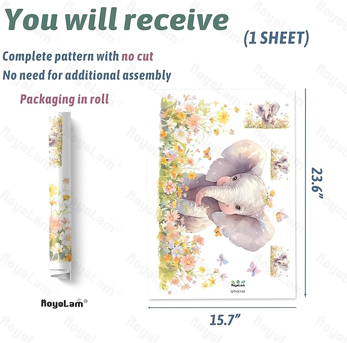 Baby Elephant Floral Wall Decals Removable African Animal Vinyl Stickers for Nursery Kids Bedroom and Playroom Decor Peel and Stick Watercolor Wall Art