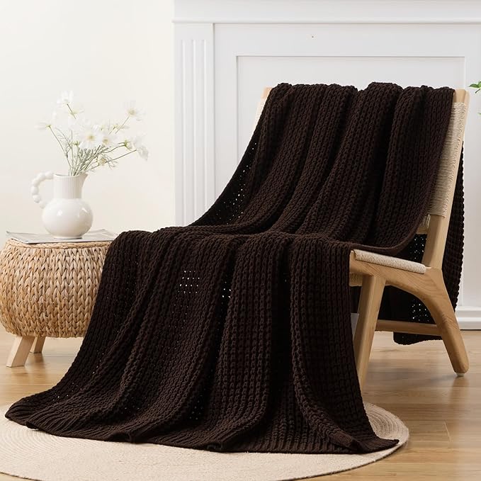 Bunnikins & Clover Dark Brown Throw Blanket for Couch, 50"x60" Soft Chenille Knit Throw Blanket for Home Decor, Decorative Chocolate Brown Blanket for Bed, Living Room