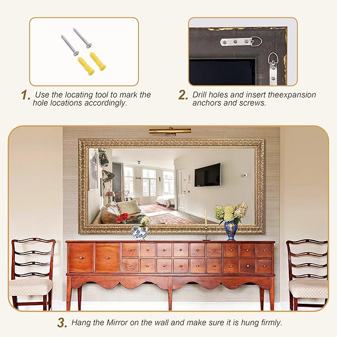 Chende 61"x31" Large Living Room Mirror for Decor, Gold Wall Mirror with Carved Wood Leaf Frame, Horizontal/Vertical Hanging, Unique Design, Bathroom, Bedroom, Dining Room, Entrance