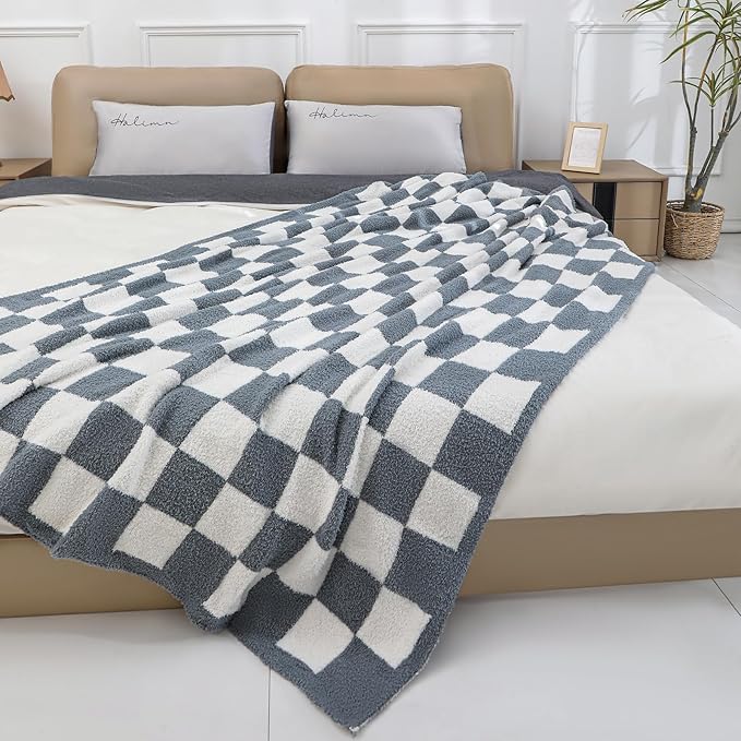 bearberry Fuzzy Checkerboard Grid Throw Blanket Knitted Soft Cozy Warm Microfiber Blanket Decor for Couch Sofa Bed Travel Home (Charcoal Grey, 50''x60'')